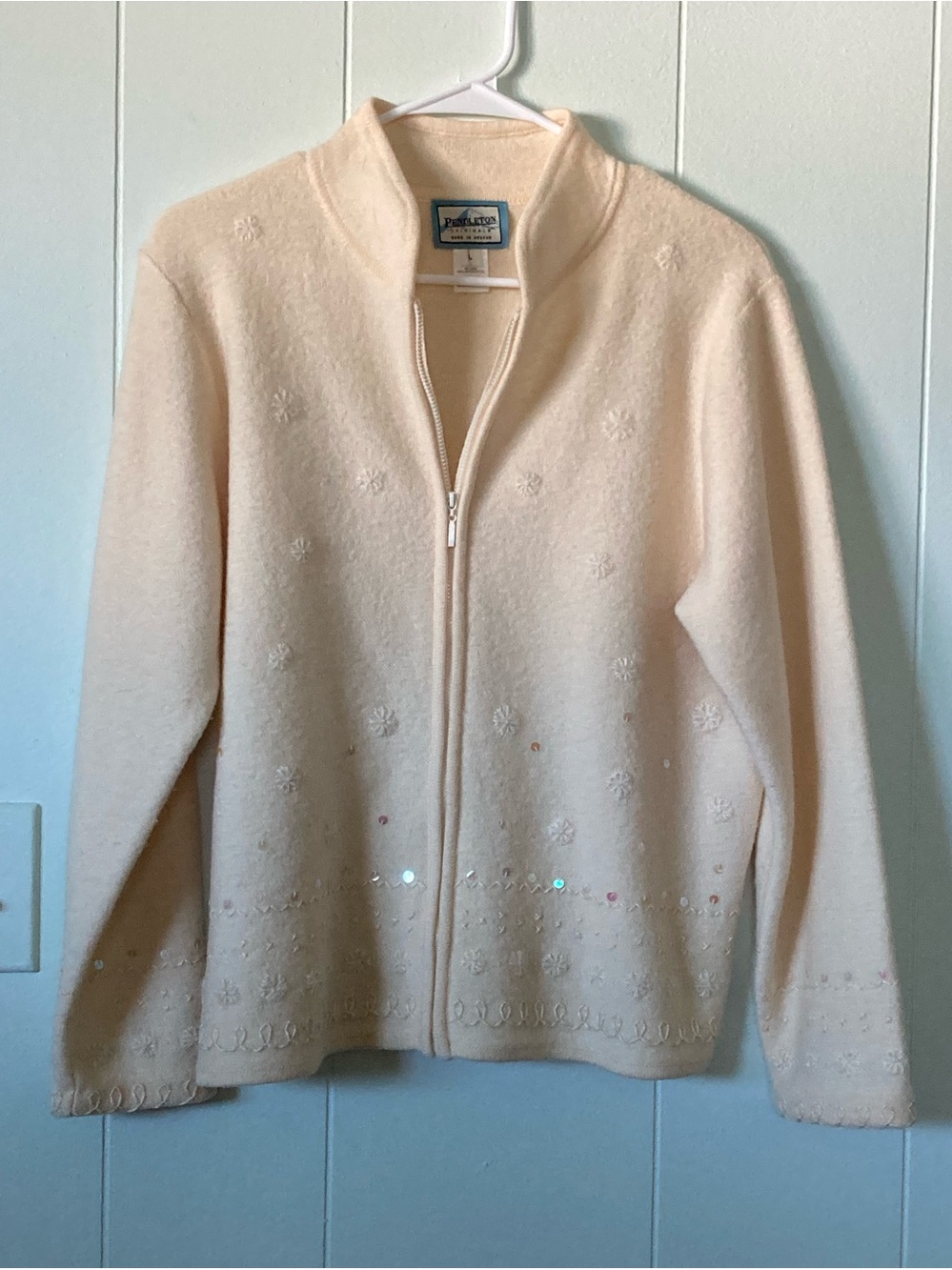 Pendleton SZ L cream Zip-Up Wool Embellished Cardigan